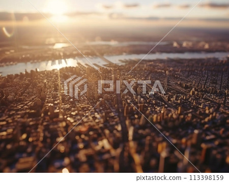 Aerial view of new york city basked in the warm glow of sunrise with hazy skyline 113398159