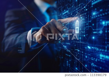 Businessman's finger activating virtual security padlock on digital screen in close-up view 113398179