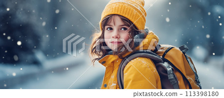 Portrait of the smiling girl with yellow backpack alone in snowfall. 113398180