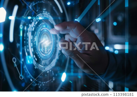 Hand interacting with a futuristic cybersecurity digital interface on a tech backdrop 113398181