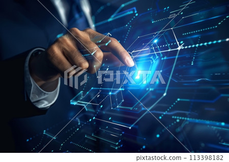 Close-up of a professional's hand engaging with a futuristic cyber security interface 113398182