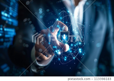 Close-up of a person engaging with a 3d digital padlock symbolizing safe online practices 113398183