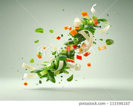 Vibrant photo featuring a burst of crisp salad ingredients set against a gentle backdrop 113398187