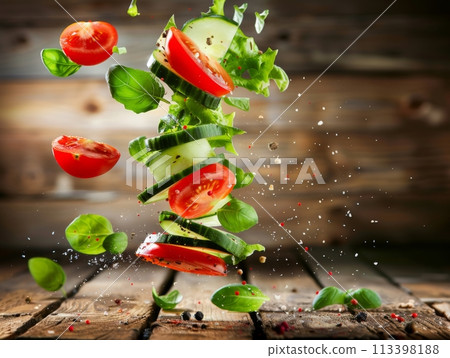 Dynamic image of fresh salad ingredients suspended in mid-air, with a rustic background 113398188