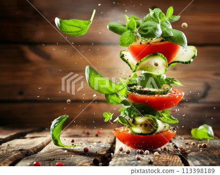 Capturing the vibrancy of fresh tomato, cucumber, and basil in mid-air with a sprinkle of spices 113398189