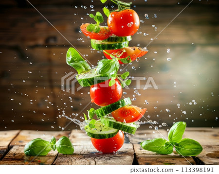 Tomatoes, cucumbers, and basil leaves floating in mid-air with water splashing against a rustic background Tomatoes, cucumbers, and basil leaves floating in mid-air with water splashing against a rustic background 113398191