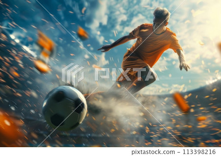 Intense soccer player in orange jersey kicking the ball with dynamic lighting and motion effects during a match 113398216