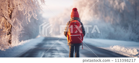 Girl with red backpack going alone along street in snowfall. 113398217