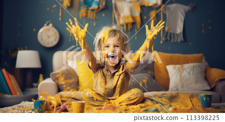 Little cute child enjoying of the painting with paints indoors. 113398225