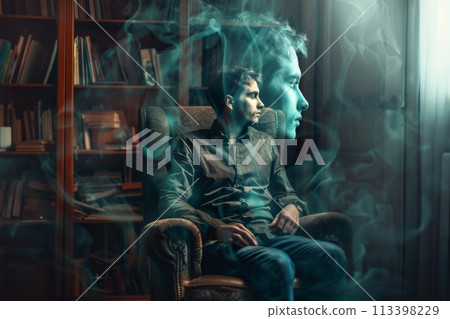 Mysterious double exposure portrait of a man surrounded by ghostly smoke and reflection 113398229