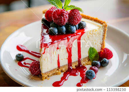 Cheesecake with blueberries and raspberries on a plate 113398230