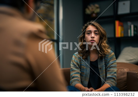 Female converses with a therapist in a counseling session Female converses with a therapist in a counseling session 113398232