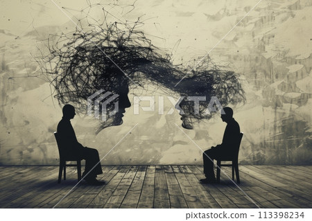 Silhouetted figures with intertwined mind lines in a psychologist session concept Silhouetted figures with intertwined mind lines in a psychologist session concept 113398234