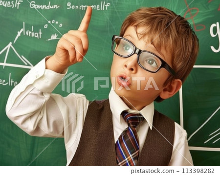 Smart young boy with glasses has an aha moment while solving a difficult problem on a blackboard Smart young boy with glasses has an aha moment while solving a difficult problem on a blackboard 113398282