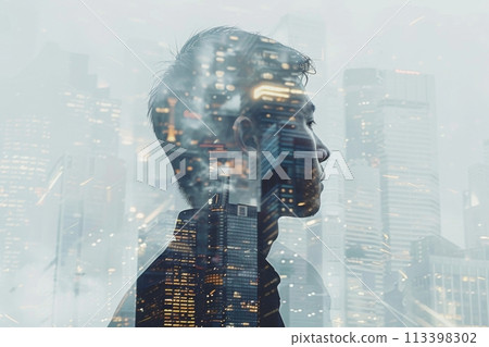 Creative double exposure of a businessman and towering skyscrapers, symbolizing ambition and the corporate world 113398302