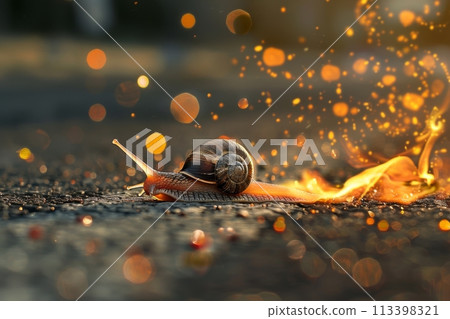 Playful depiction of a snail racing on a fiery speed track like a speedy car Playful depiction of a snail racing on a fiery speed track like a speedy car 113398321