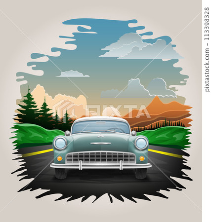 landscape asphalt auto road in nature among mountains hills and trees vector illustration 113398328