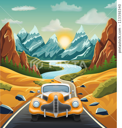 landscape asphalt auto road in nature among mountains hills and trees vector illustration landscape asphalt auto road in nature among mountains hills and trees vector illustration 113398340