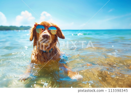 Dog wearing sunglasses having fun in the sun at a sandy beach Dog wearing sunglasses having fun in the sun at a sandy beach 113398345