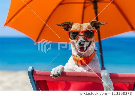 A cheerful dog with sunglasses lounges on a chair under an orange umbrella by the sea A cheerful dog with sunglasses lounges on a chair under an orange umbrella by the sea 113398378