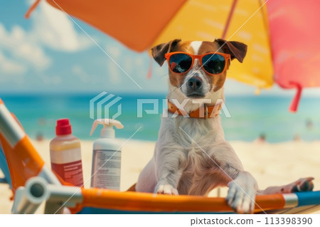 Cool dog with sunglasses relaxes on a beach chair under an umbrella, embodying summer vibes Cool dog with sunglasses relaxes on a beach chair under an umbrella, embodying summer vibes 113398390