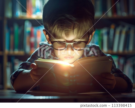 Little boy with glasses is illuminated by a glowing book, suggesting a moment of discovery and learning 113398415