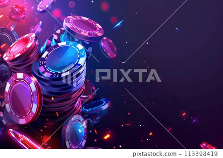 Digital illustration of colorful gambling chips piled, on a neon-lit dark backdrop, ideal for casino-themed design 113398419
