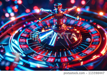 Spinning casino roulette wheel with motion blur and vibrant neon lights in close-up view Spinning casino roulette wheel with motion blur and vibrant neon lights in close-up view 113398447
