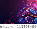 Abstract casino themed background with roulette wheel, poker chips, and dynamic lights 113398464