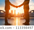 Silhouette of two people shaking hands in front of cars with a sunset backdrop, concept for successful car buying 113398497