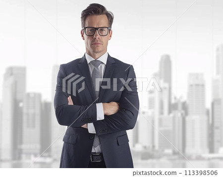 Businessman in a suit confidently posing with arms crossed in a modern office setting 113398506