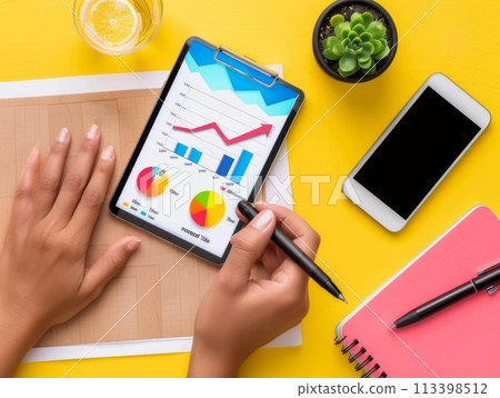 Overhead view of hands reviewing colorful growth charts on a digital tablet Overhead view of hands reviewing colorful growth charts on a digital tablet 113398512