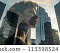 Artistic double exposure of a businesswoman's profile with a city skyline at sunset 113398524