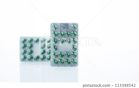 Saw Palmetto and Nettle extract capsule pill for Benign Prostatic Hyperplasia treatment. Wellness in BPH. Green herbal capsules pill in blister pack isolated on white. Natural prostate health support. Saw Palmetto and Nettle extract capsule pill for Benign Prostatic Hyperplasia treatment. Wellness in BPH. Green herbal capsules pill in blister pack isolated on white. Natural prostate health support. 113398542