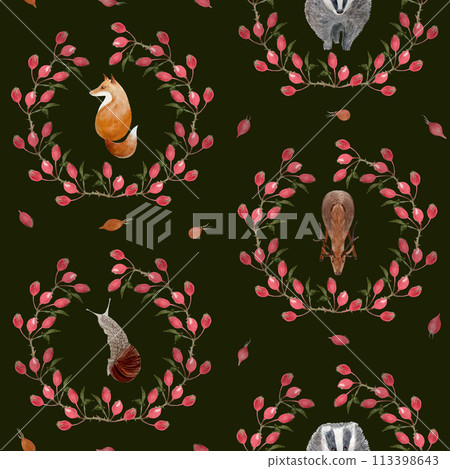 Stag, fox, badger, snail rose-hip wreath watercolor seamless pattern on dark green Stag, fox, badger, snail rose-hip wreath watercolor seamless pattern on dark green 113398643