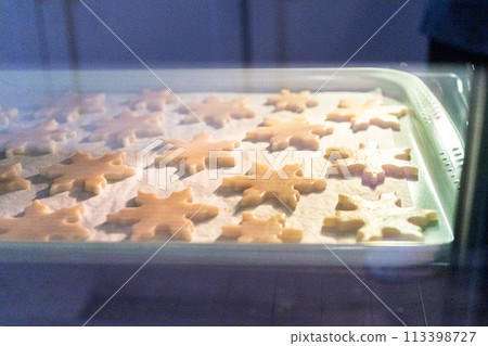 The delightful process of baking snowflake-shaped sugar cookies in a gas oven, creating a delicious treat for the holiday season. The delightful process of baking snowflake-shaped sugar cookies in a gas oven, creating a delicious treat for the holiday season. 113398727