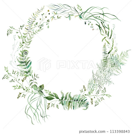 Round frame with Watercolor fern twigs with green leaves isolated illustration, botanical wedding 113398843
