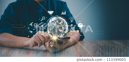 Businessman holding virtual Global Internet connection metaverse. Business global internet connection application technology and digital marketing.Financial and banking, Digital link tech Businessman holding virtual Global Internet connection metaverse. Business global internet connection application technology and digital marketing.Financial and banking, Digital link tech 113399005