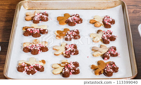 Crafting gingerbread cookie sandwiches with eggnog buttercream, presented on a rustic wooden table for Christmas gifting. 113399040
