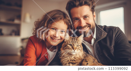 Father and daughter with cat sitting indoors. Concept of parenting and domestic animal. 113399092