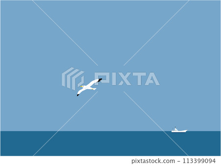 Illustration of a seagull and a ship flying in the sea Illustration of a seagull and a ship flying in the sea 113399094