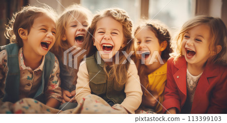 Happy laughing children standing together outside. Concept of friendship. 113399103