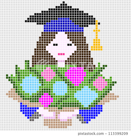 A girl in graduation gown, holding bouquet   113399209