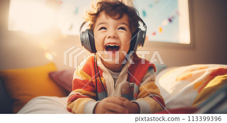 Happy cute little child with headphones indoors. 113399396