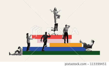Employees on multicolored blocks depicting various work-related postures and expressions. Contemporary art collage. Corporate hierarchy and career progression Employees on multicolored blocks depicting various work-related postures and expressions. Contemporary art collage. Corporate hierarchy and career progression 113399451