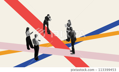 Employees standing on multicolored lines, engaged in discussions and debates, symbolizing dynamic exchange of ideas. Contemporary art collage. 113399453
