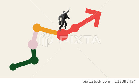 Man, employee going upwards multicolored arrow symbolizing upward career progression and growth. Contemporary art collage. Achieving career goals Man, employee going upwards multicolored arrow symbolizing upward career progression and growth. Contemporary art collage. Achieving career goals 113399454