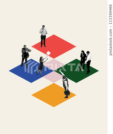 Employees standing on multicolored blocks, each immersed in different tasks and discussions, showcasing diversity and complexity of roles within business setting. Contemporary art collage. 113399466