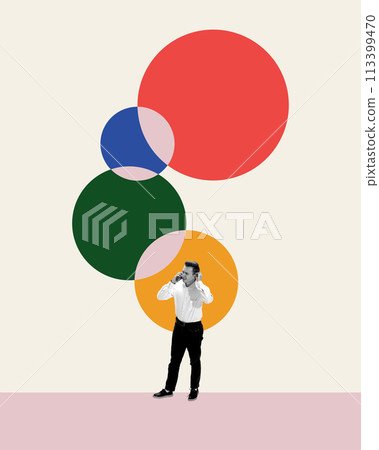Young man, employee talking on phone with confused and thoughtful face over multicolored circles. Contemporary art collage. Complexity of business interactions 113399470
