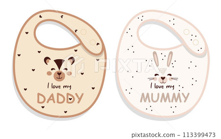 Vector Baby feeding bib with cute cartoon bunny and teddy bear stickers Flat style 113399473